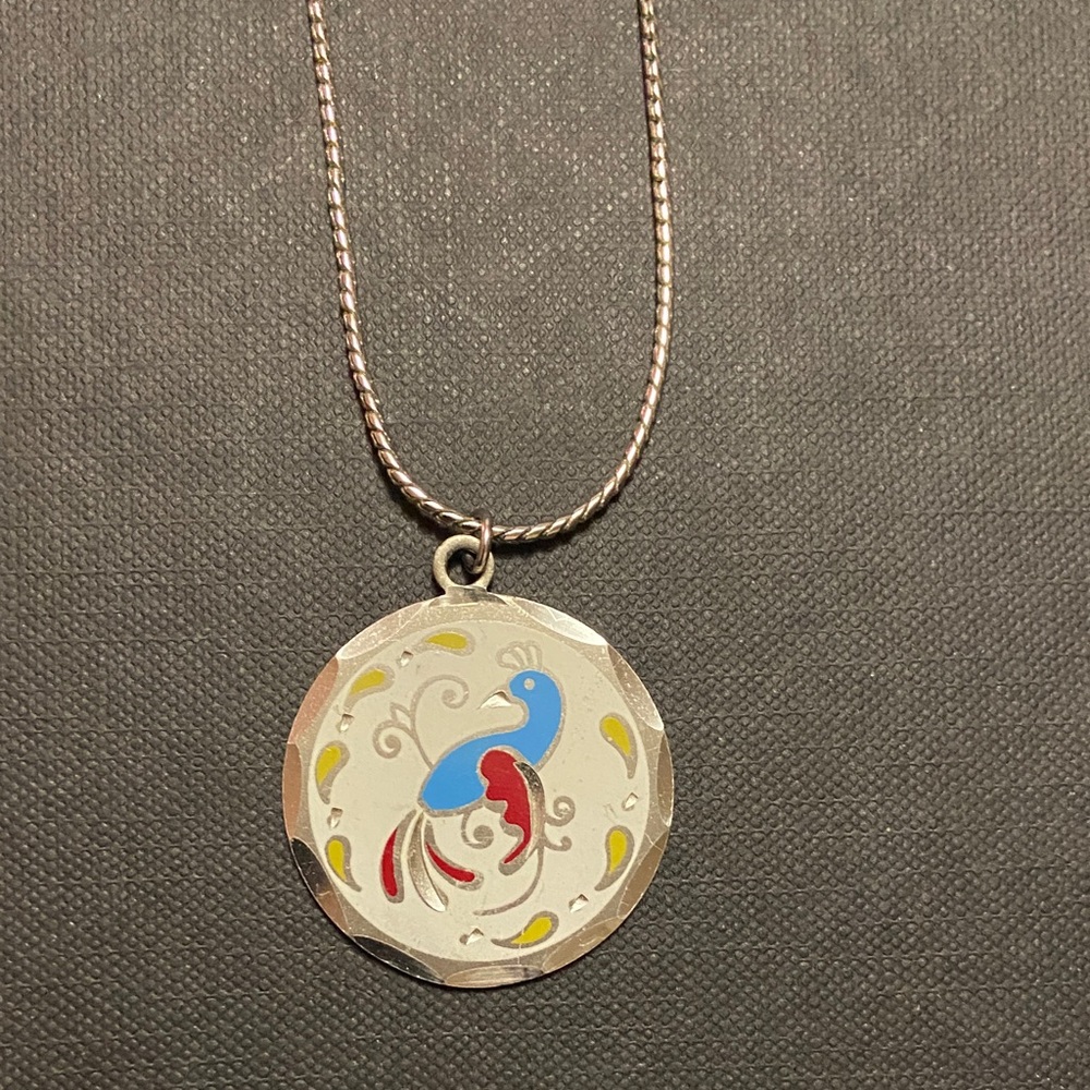 Vintage 70s 1970s PA Dutch Hex Sign Charm Silver pendant Necklace Blue Red Bird